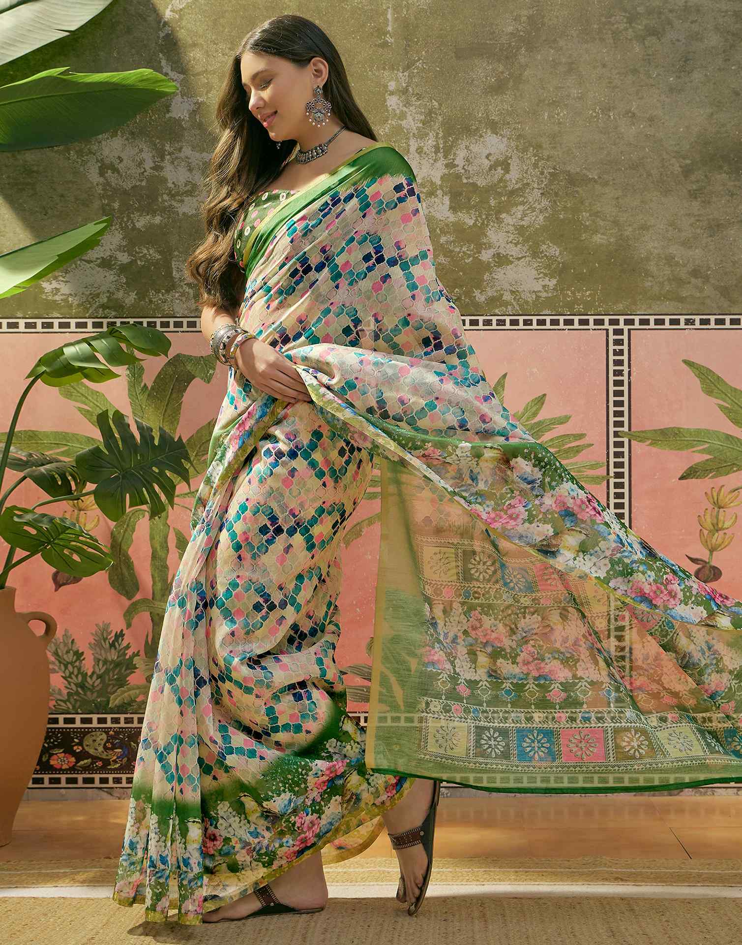 Beige Cotton Linen Printed Saree