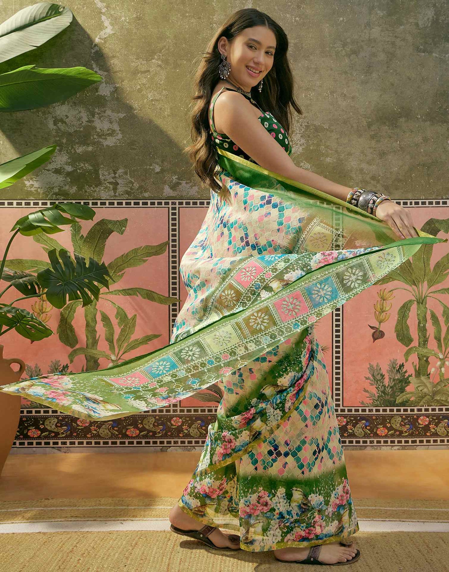 Beige Cotton Linen Printed Saree