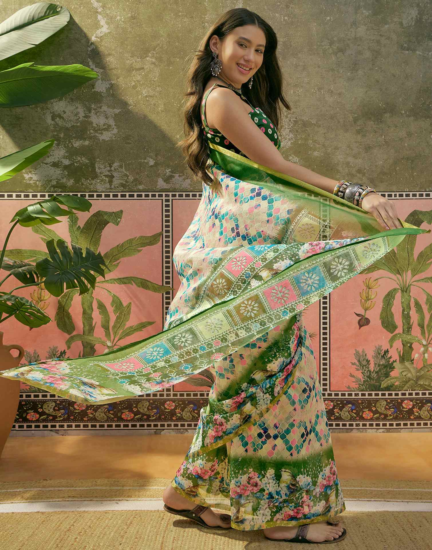 Beige Cotton Linen Printed Saree