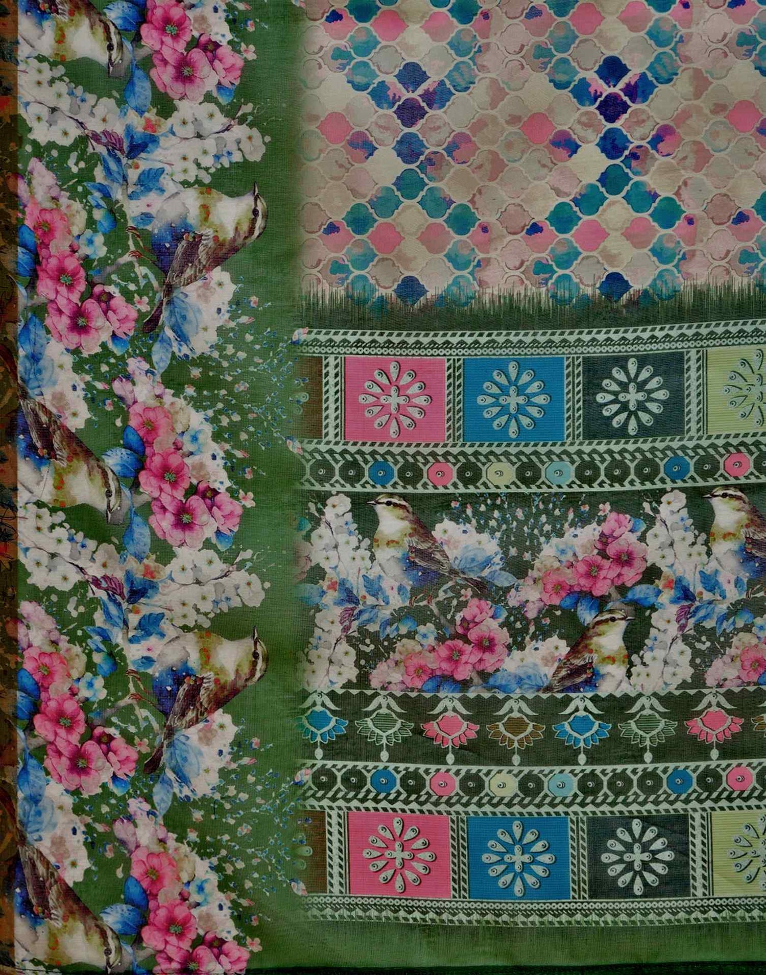 Beige Cotton Linen Printed Saree