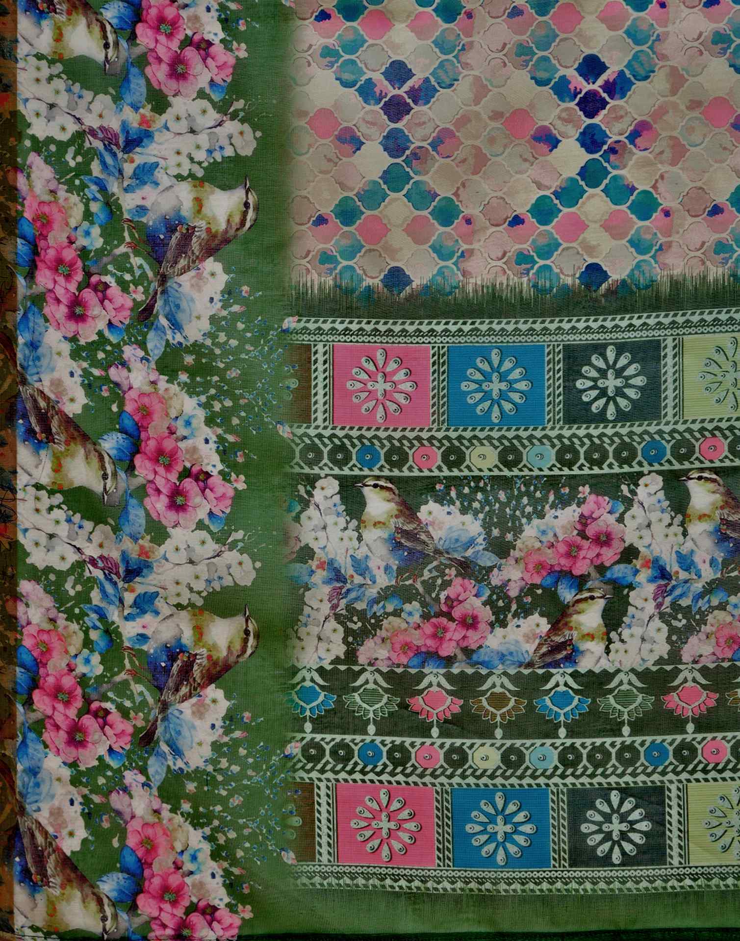 Beige Cotton Linen Printed Saree