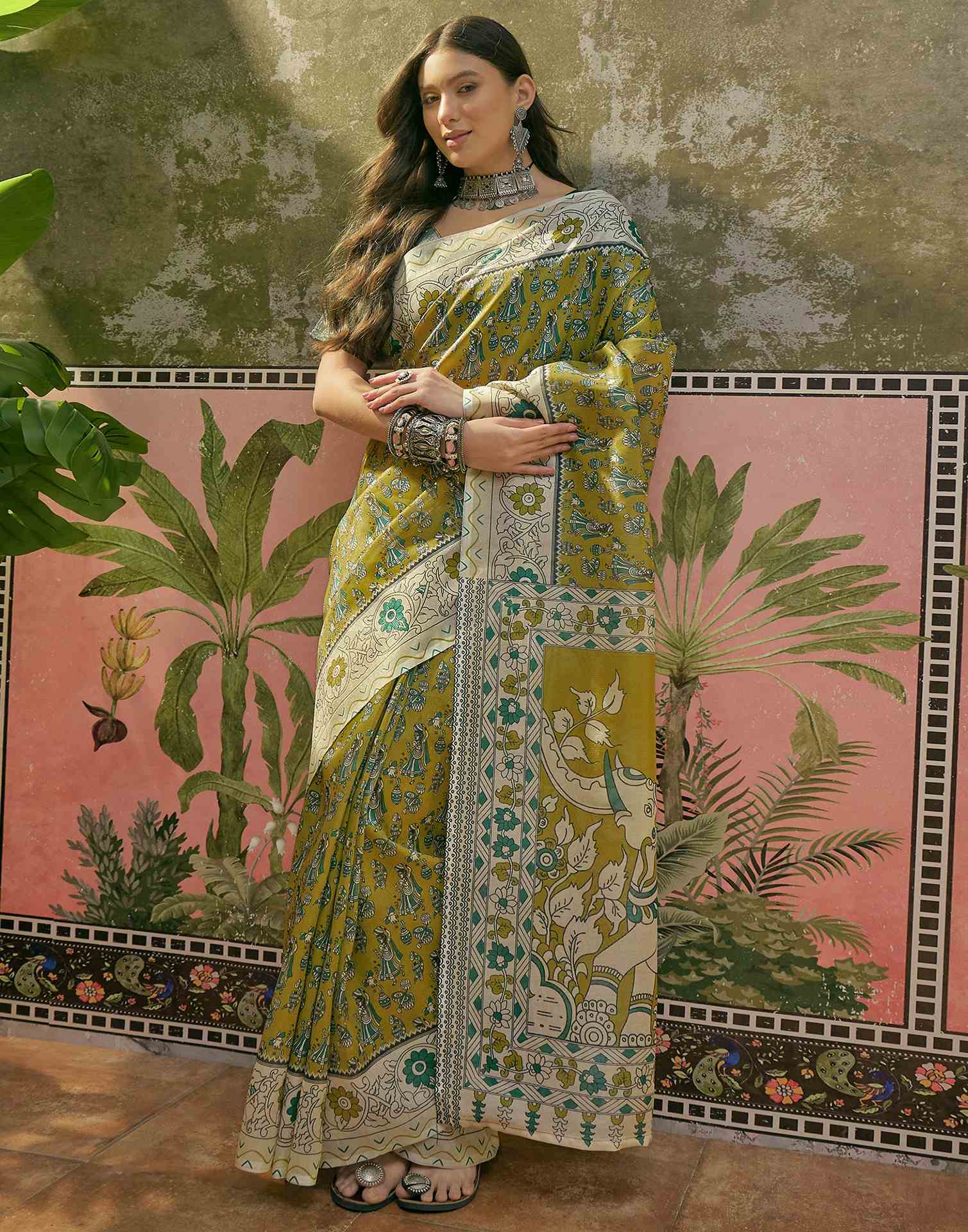 Lime Green Shimmer Silk Printed Saree