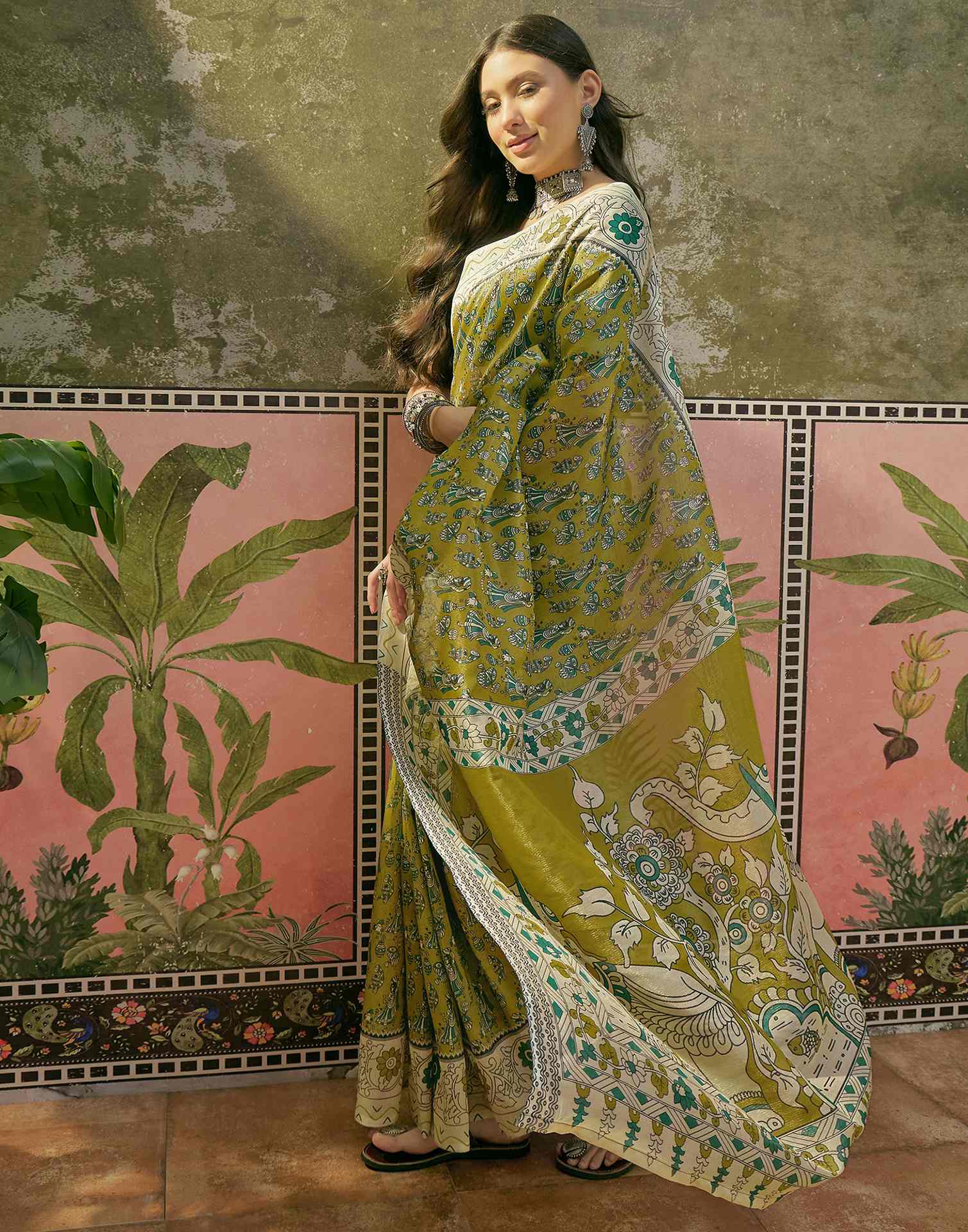 Lime Green Shimmer Silk Printed Saree