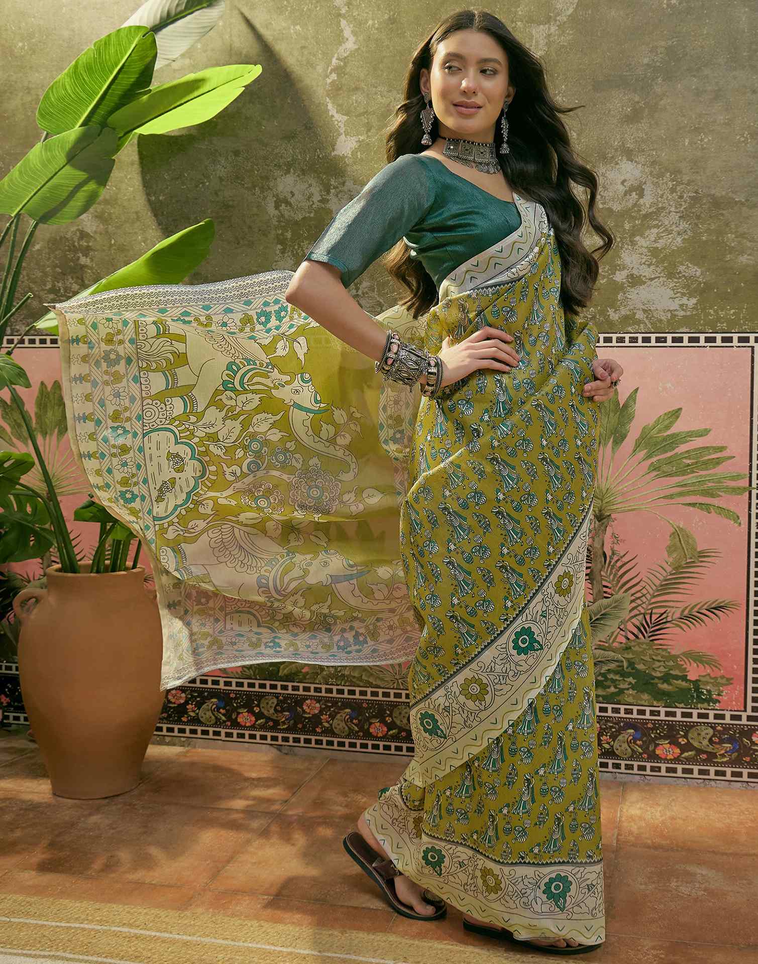 Lime Green Shimmer Silk Printed Saree
