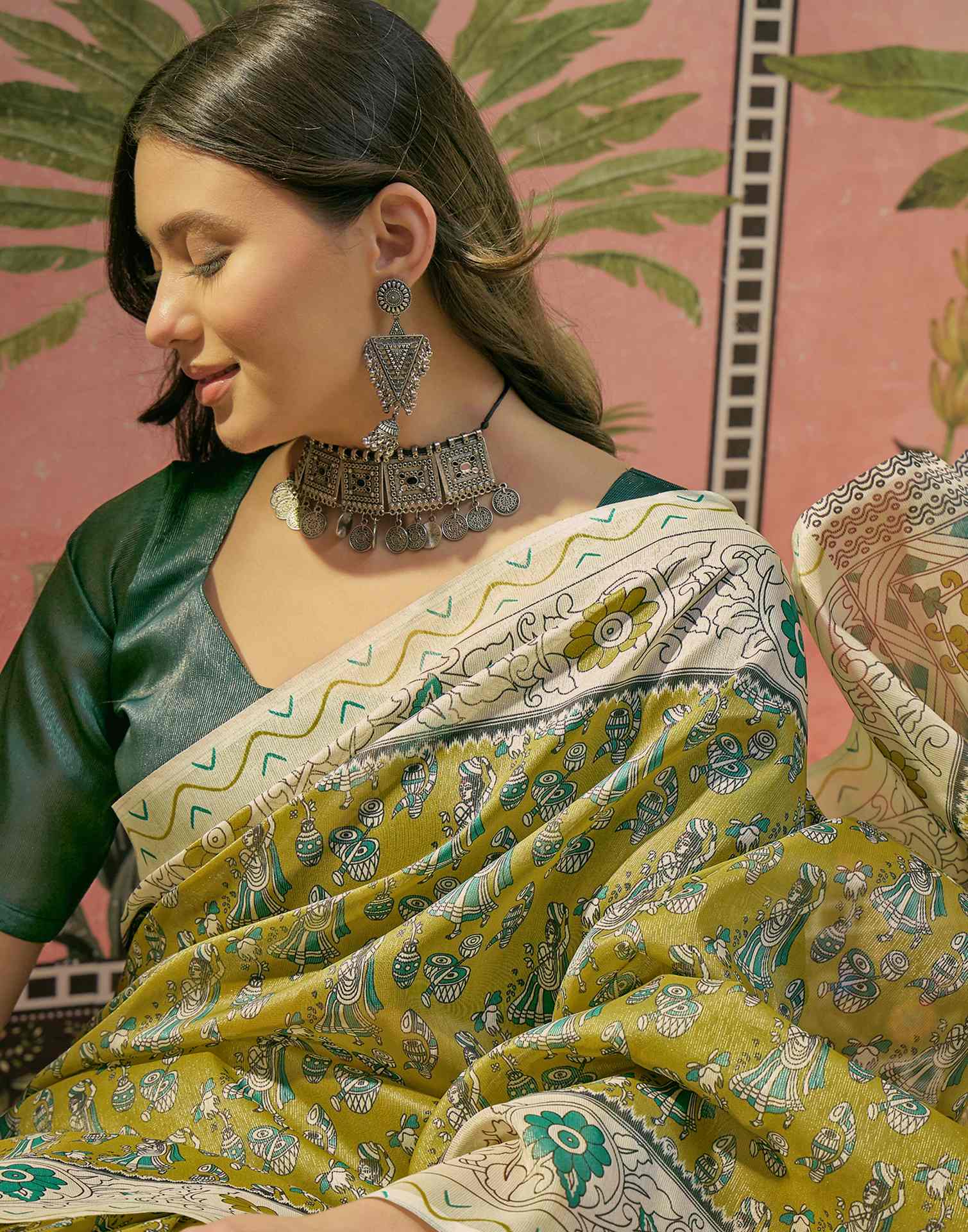 Lime Green Shimmer Silk Printed Saree