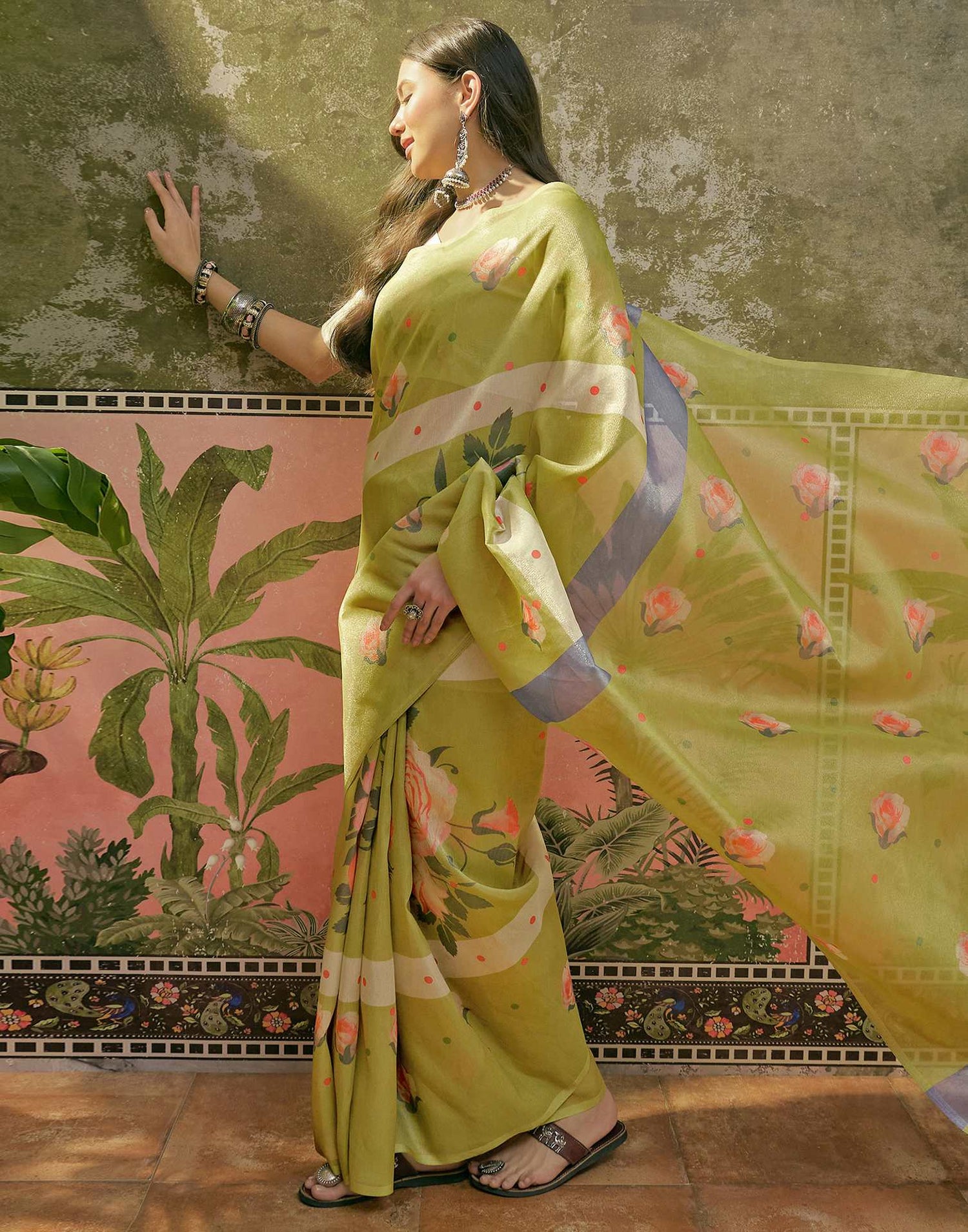 Light Green Shimmer Silk Floral Printed Saree