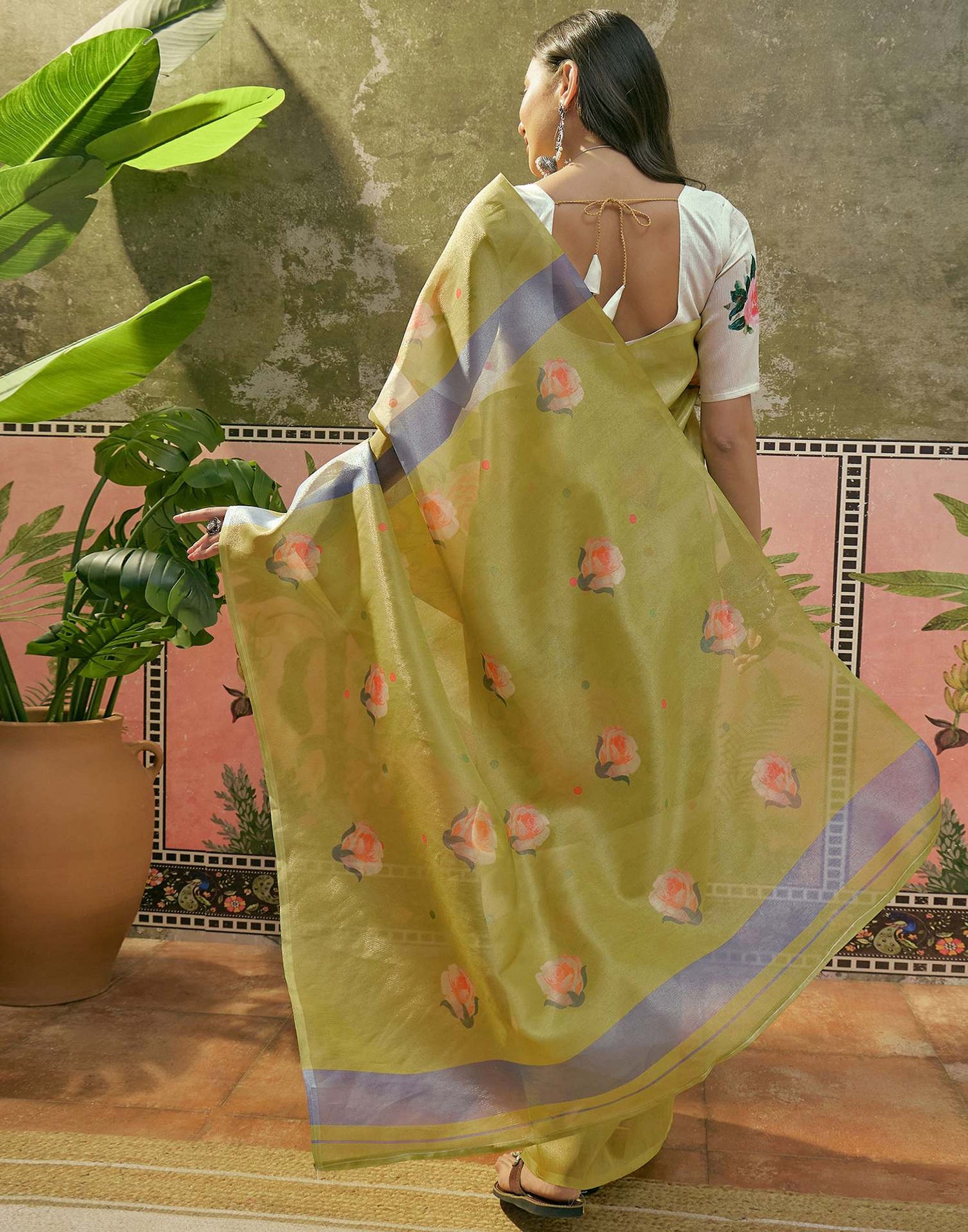 Light Green Shimmer Silk Floral Printed Saree