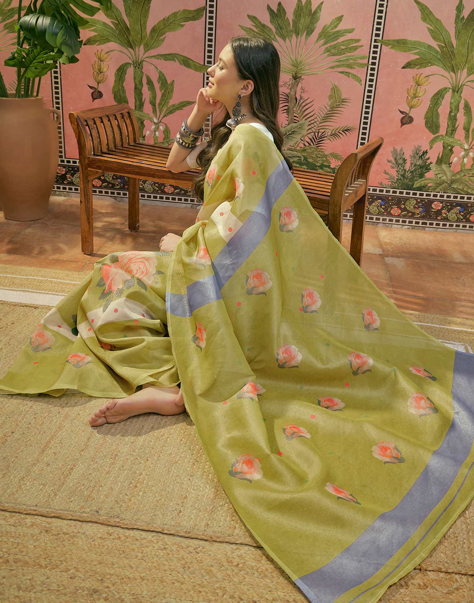 Light Green Shimmer Silk Floral Printed Saree