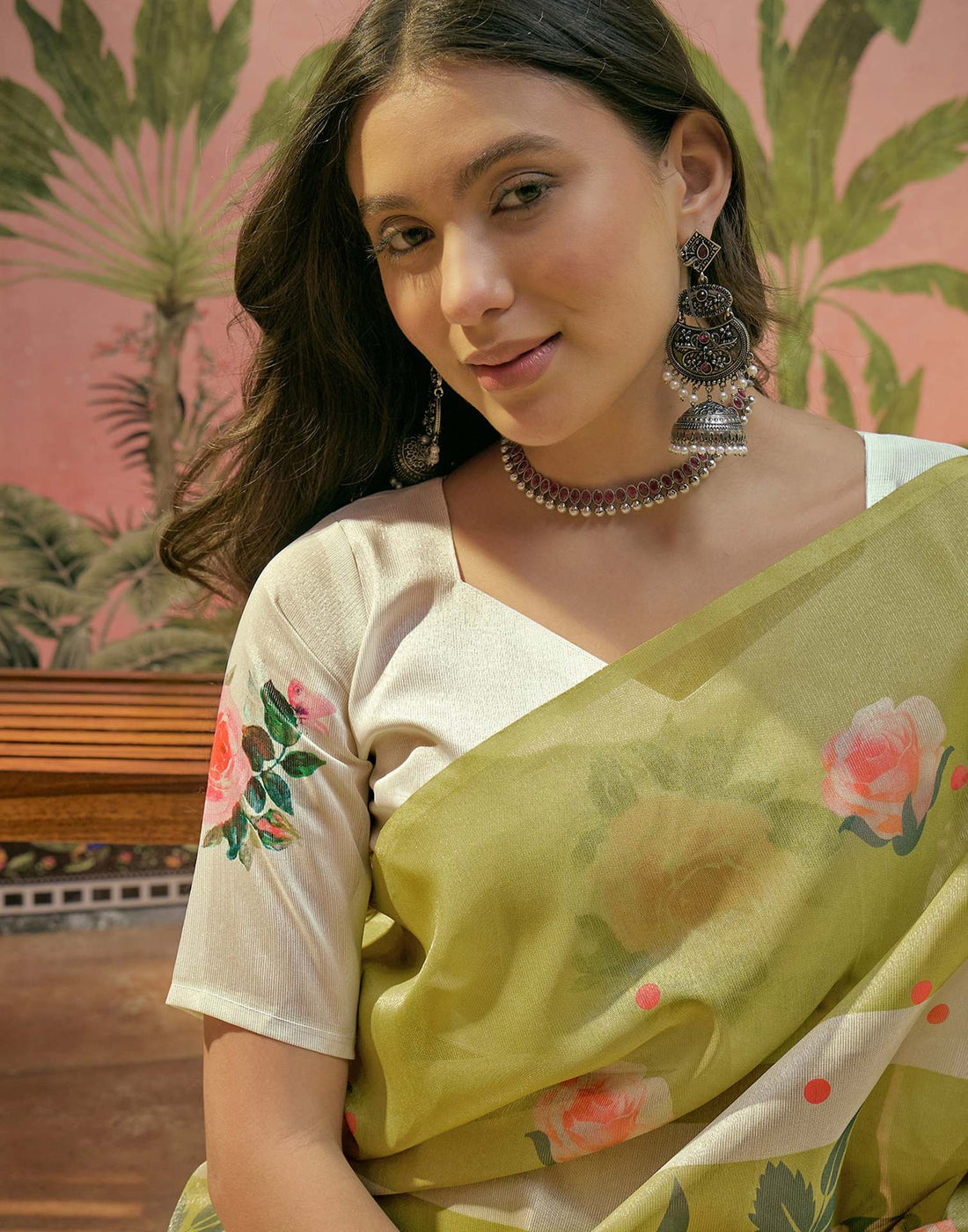 Light Green Shimmer Silk Floral Printed Saree