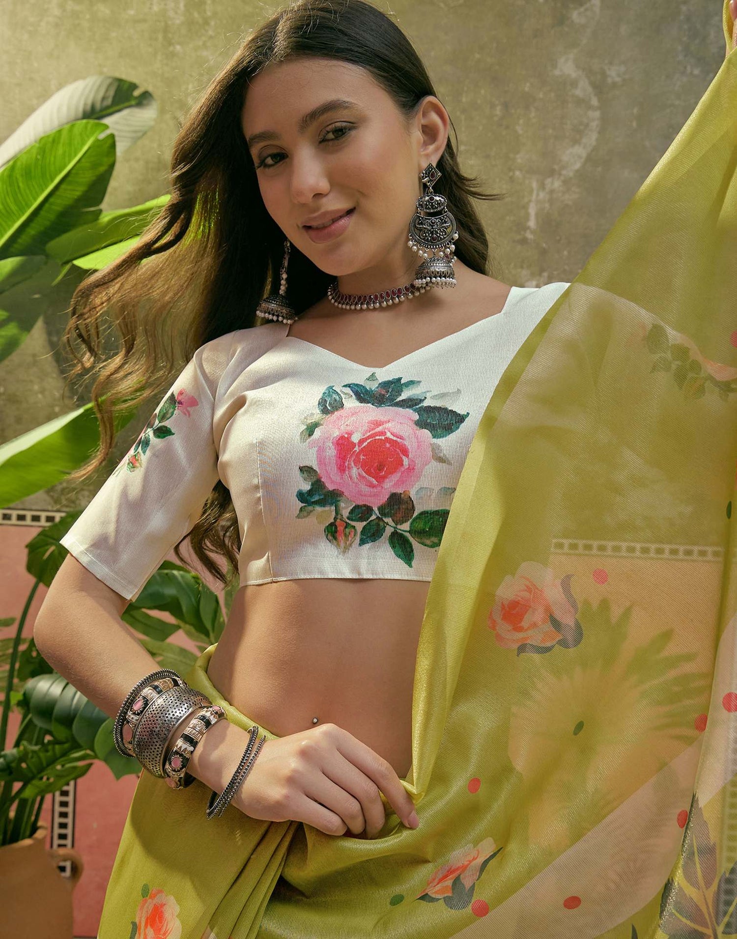 Light Green Shimmer Silk Floral Printed Saree