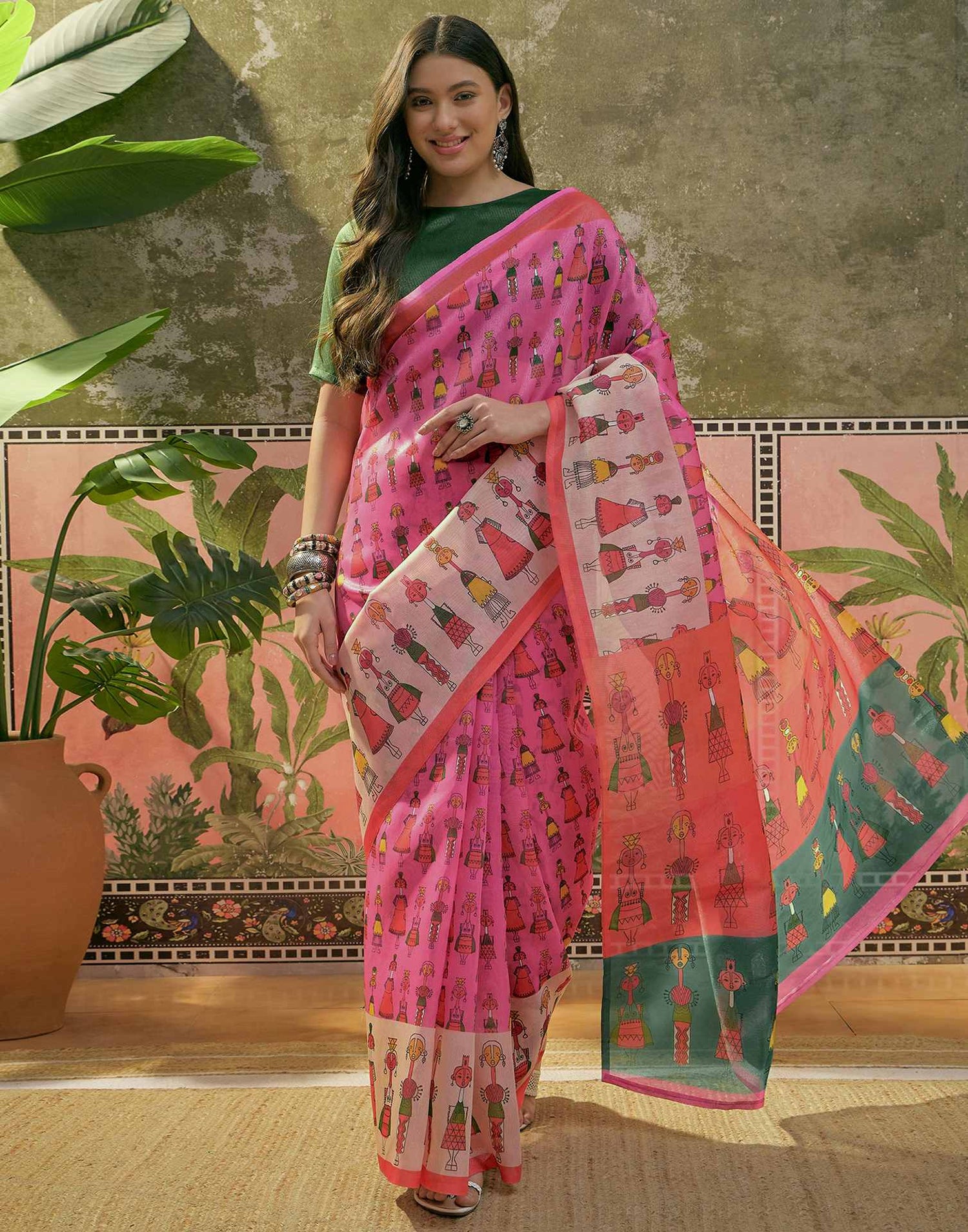 Pink Shimmer Silk Printed Saree