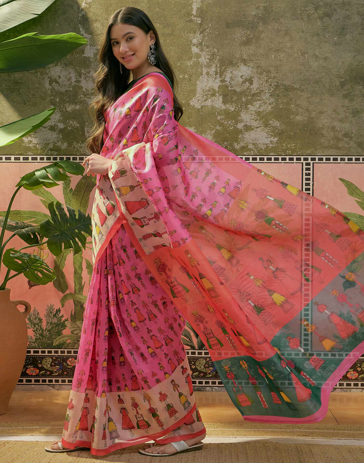 Pink Shimmer Silk Printed Saree