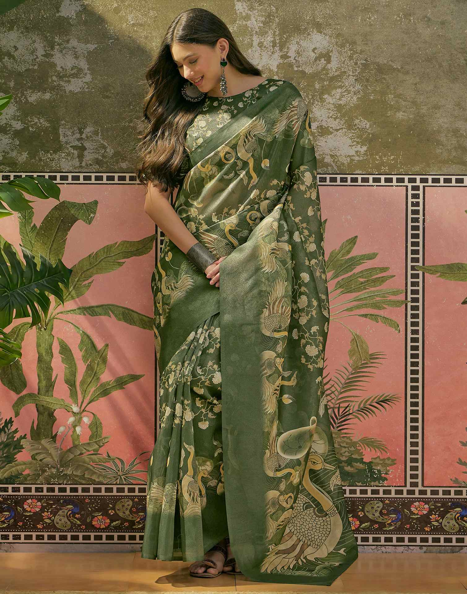 Dark Green Shimmer Silk Printed Saree