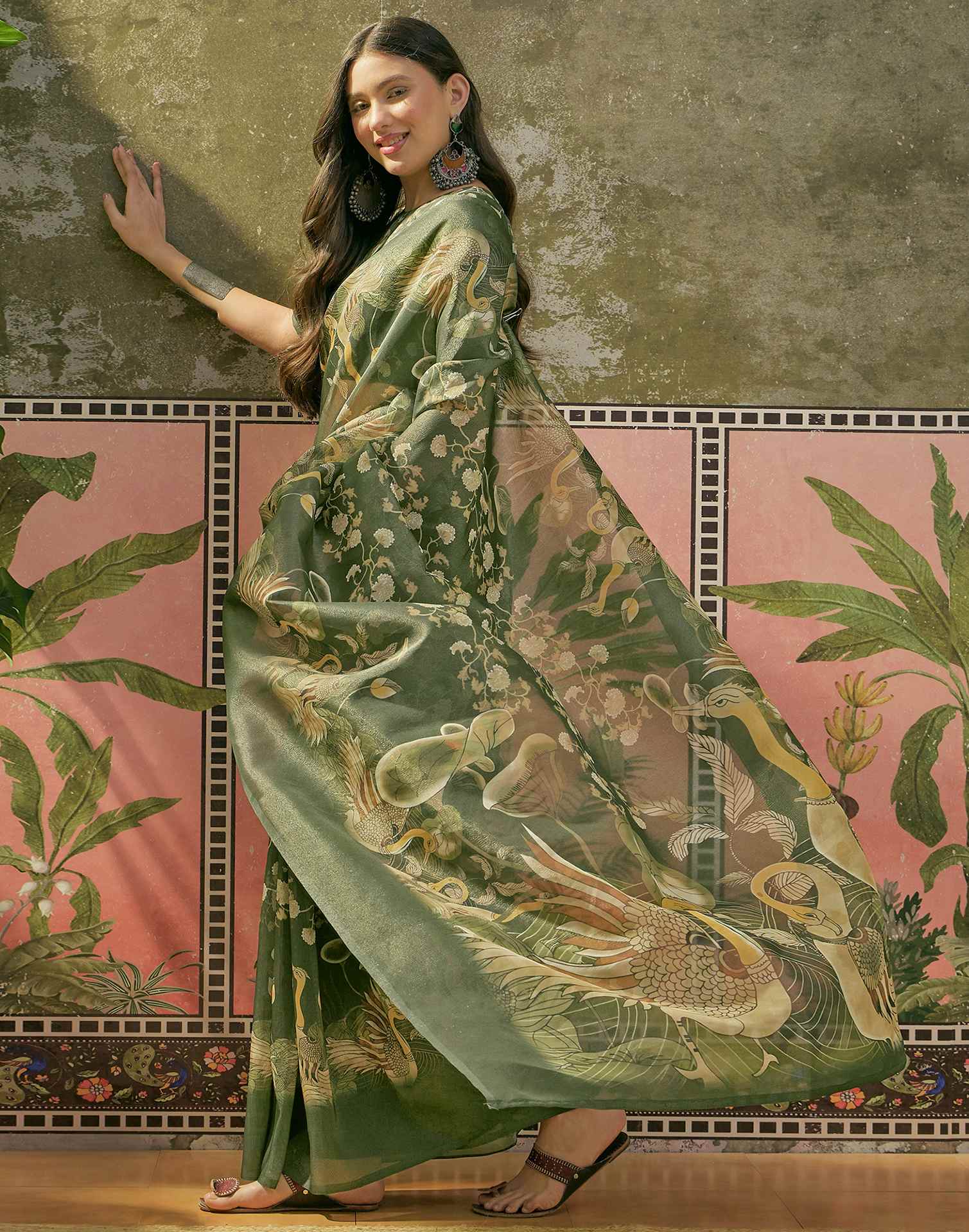 Dark Green Shimmer Silk Printed Saree