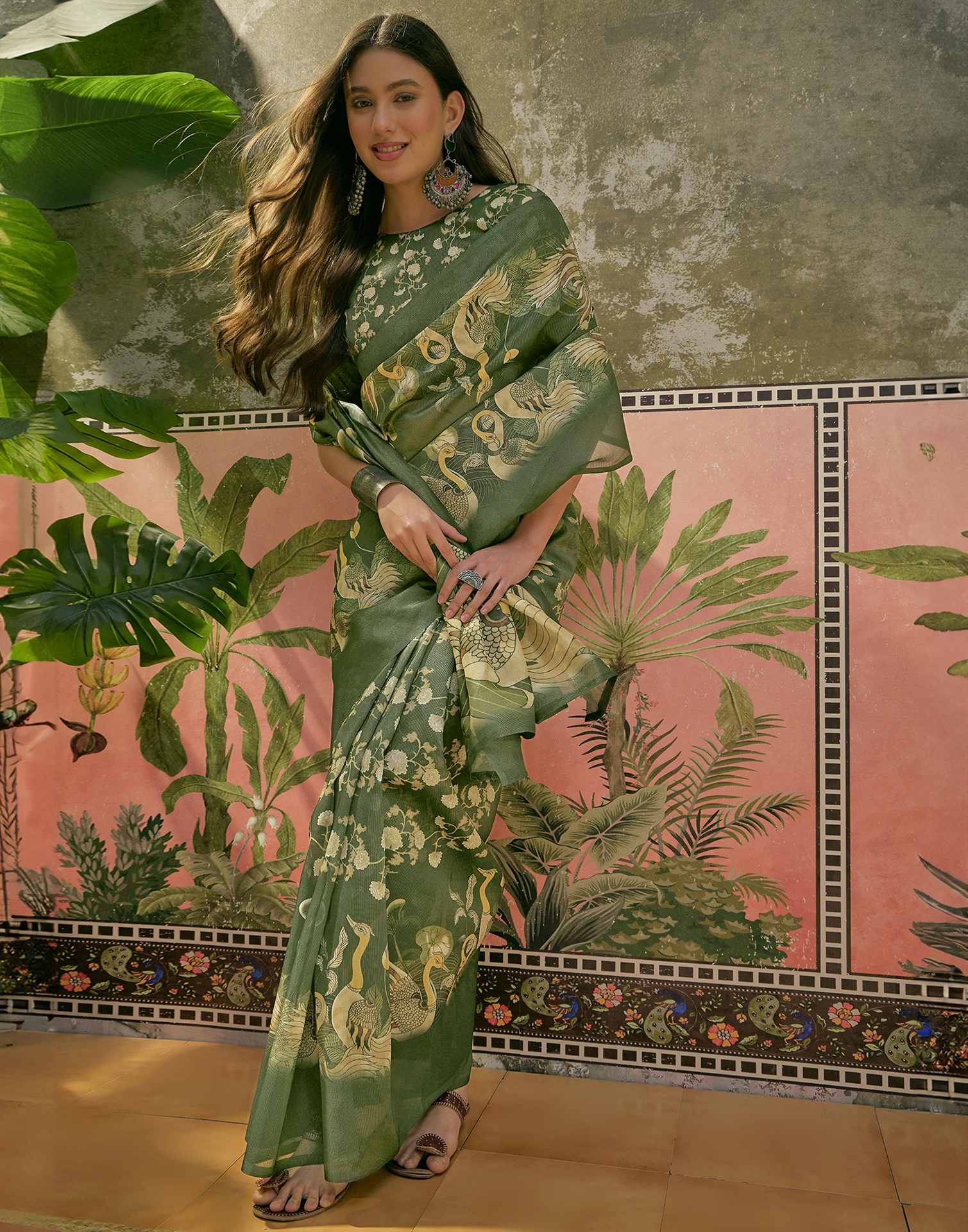 Dark Green Shimmer Silk Printed Saree