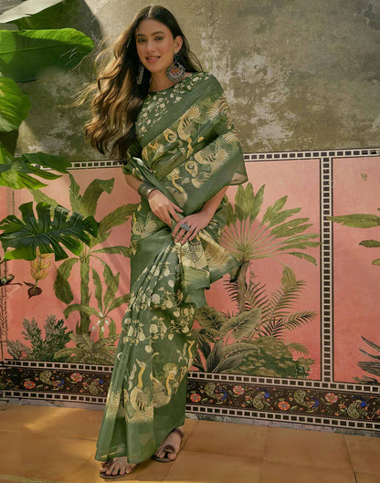 Dark Green Shimmer Silk Printed Saree