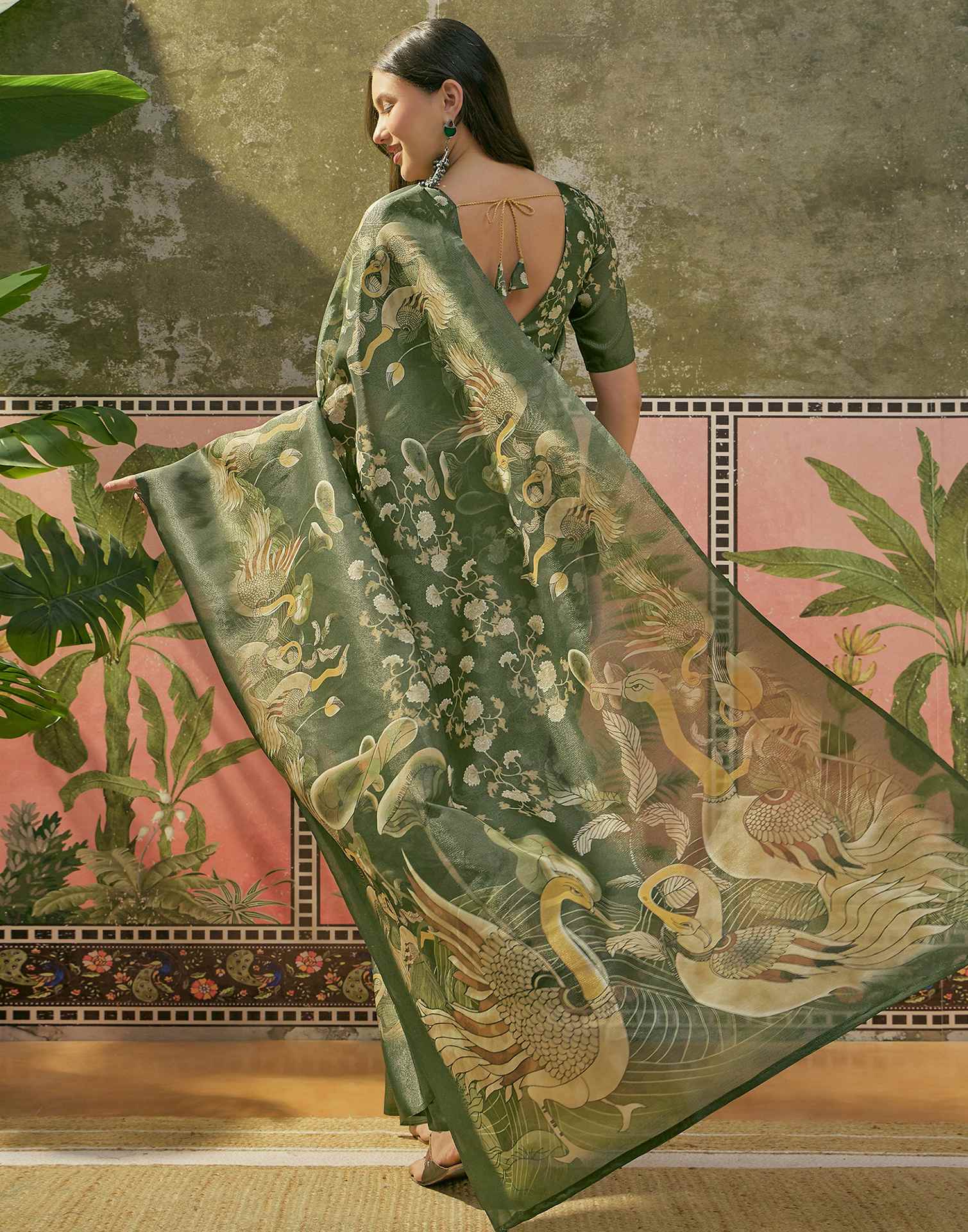 Dark Green Shimmer Silk Printed Saree