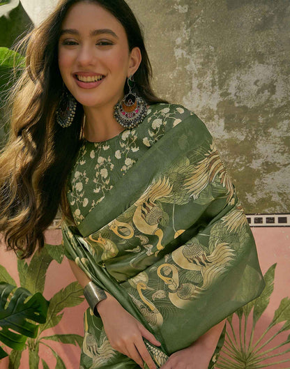 Dark Green Shimmer Silk Printed Saree