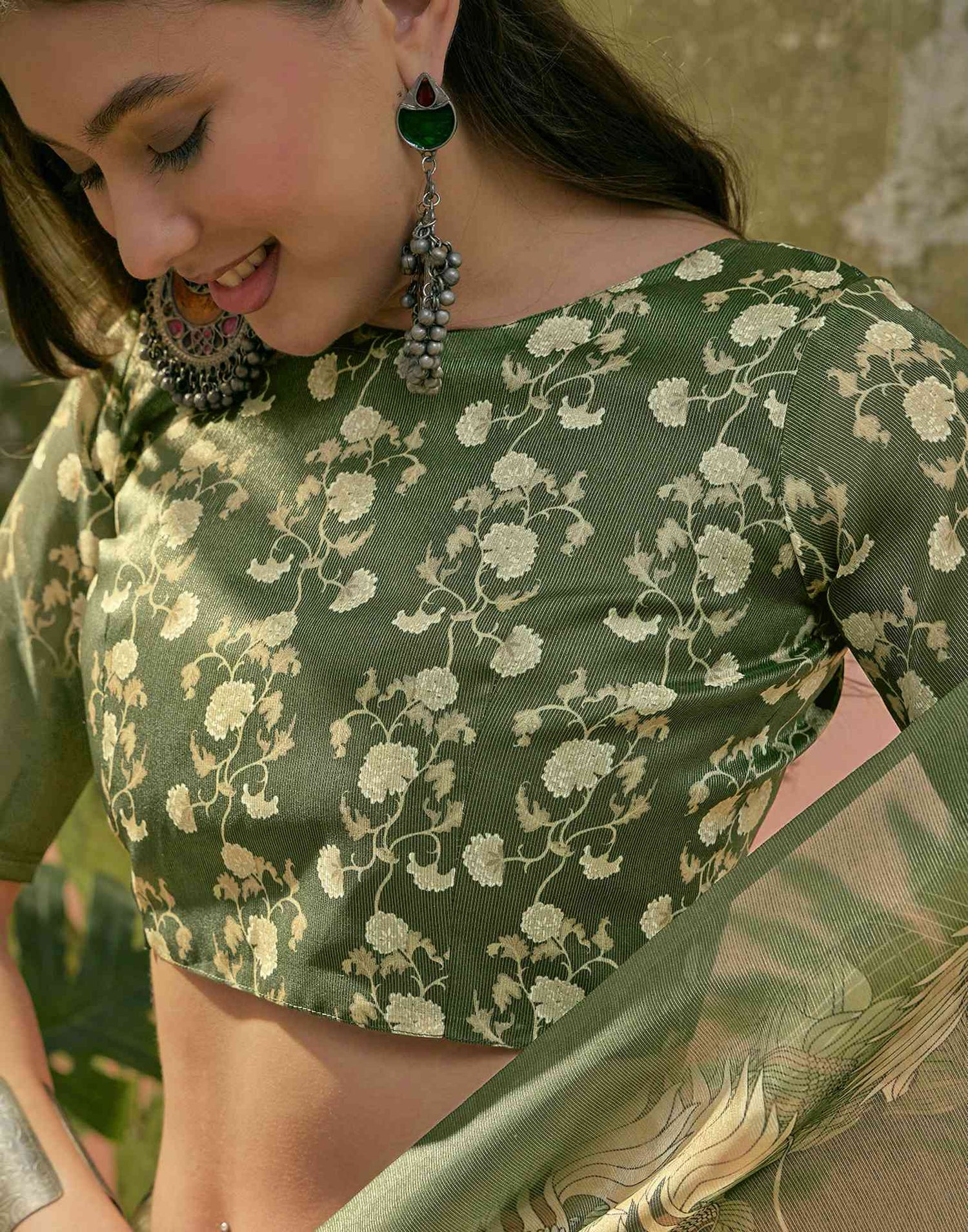 Dark Green Shimmer Silk Printed Saree
