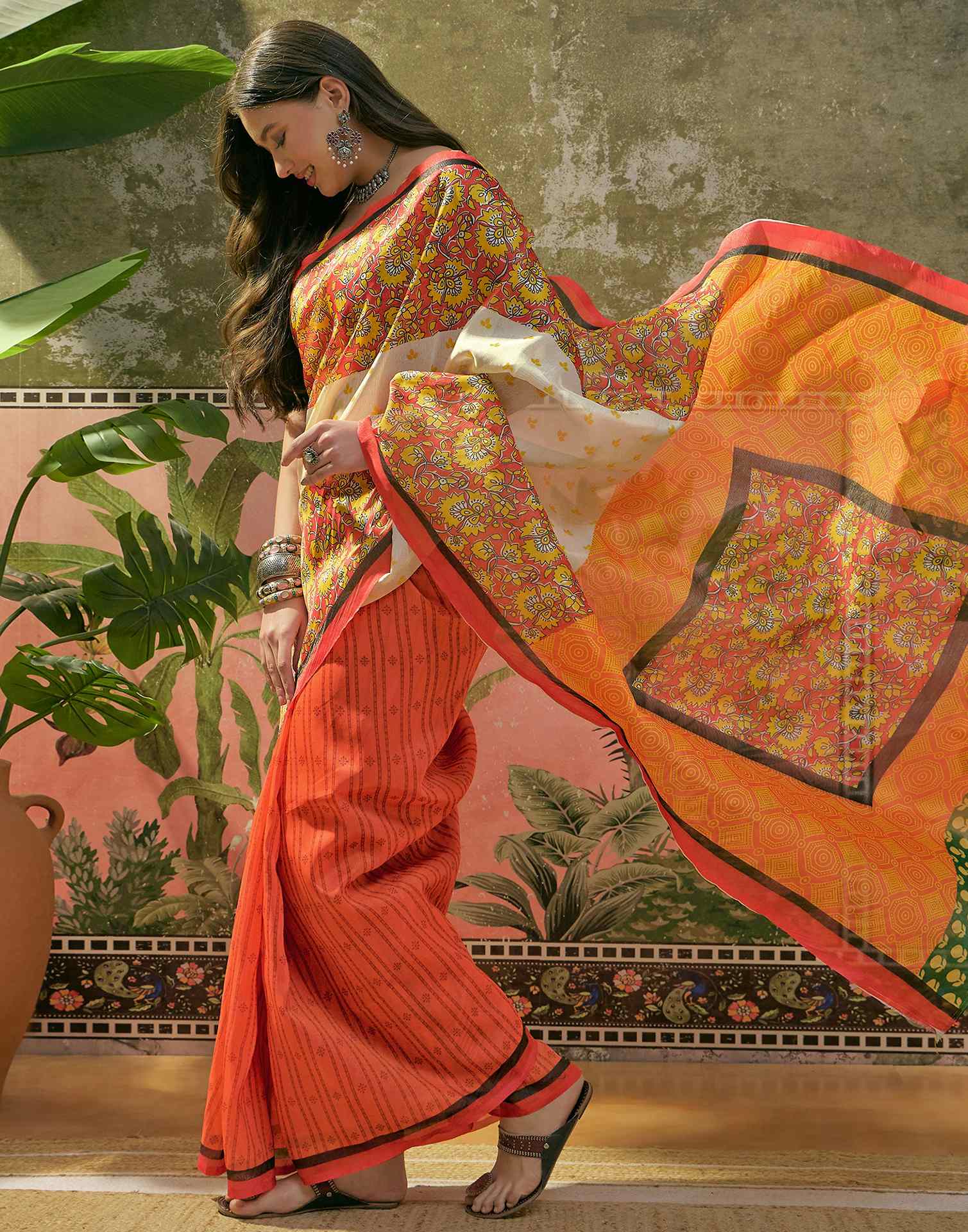 Orange Shimmer Silk Printed Saree