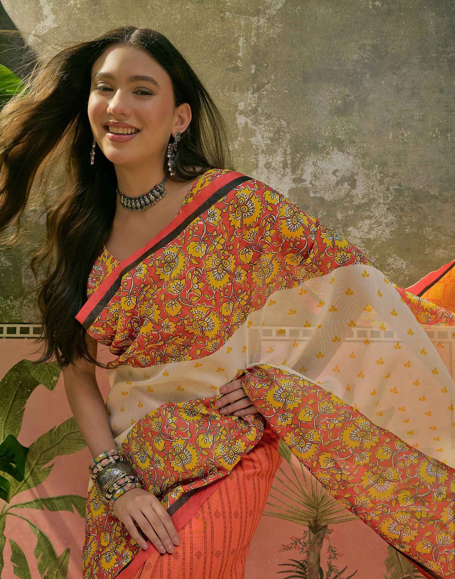 Orange Shimmer Silk Printed Saree