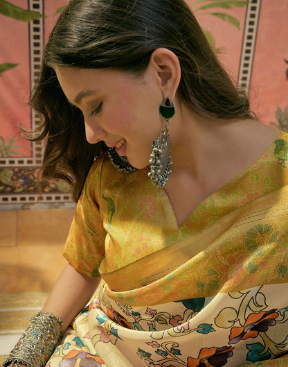 Beige Shimmer Silk Floral Printed Saree