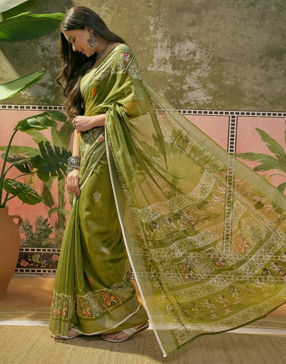 Mehndi Green Cotton Linen Printed Saree