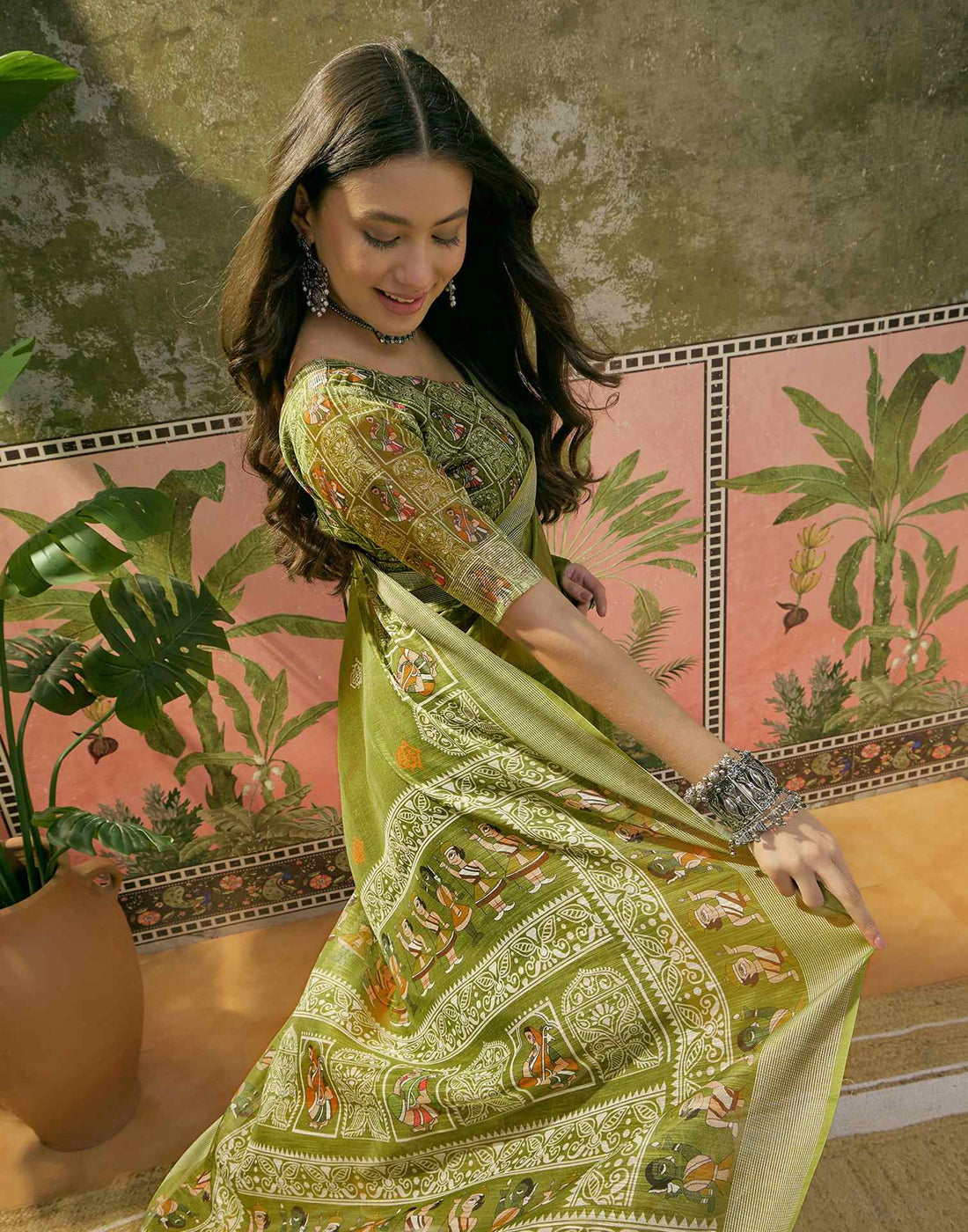 Mehndi Green Cotton Linen Printed Saree