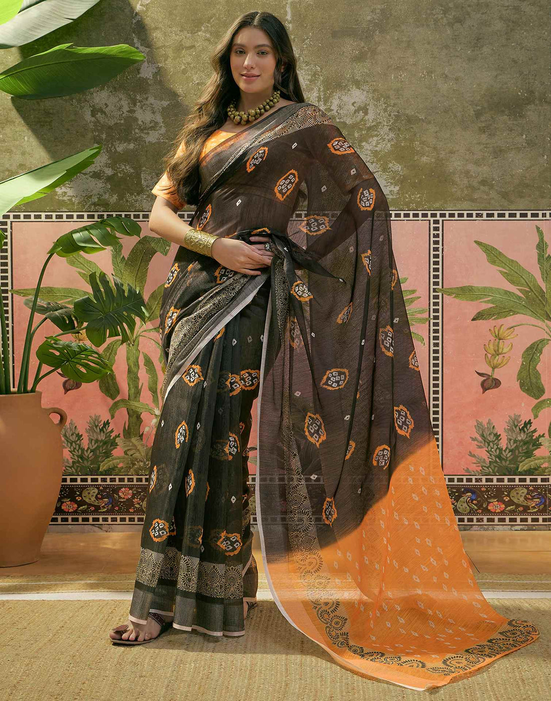 Black Cotton Linen Bandhani Printed Saree