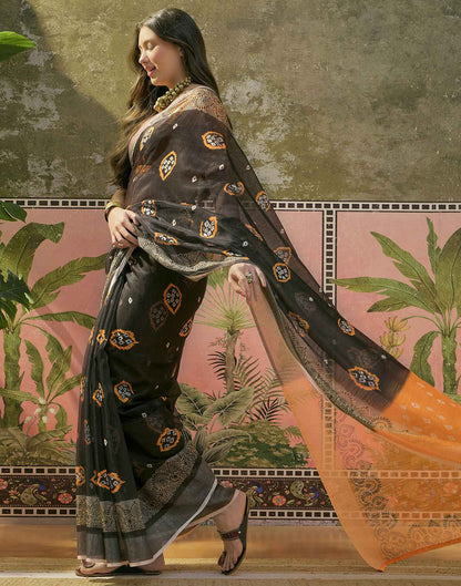 Black Cotton Linen Bandhani Printed Saree