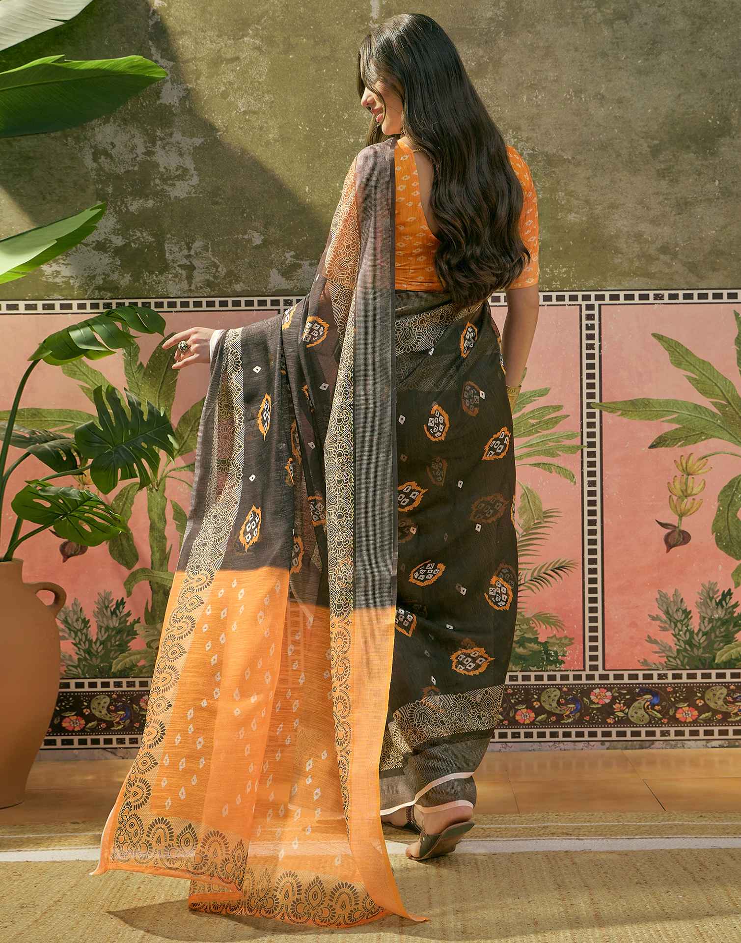Black Cotton Linen Bandhani Printed Saree