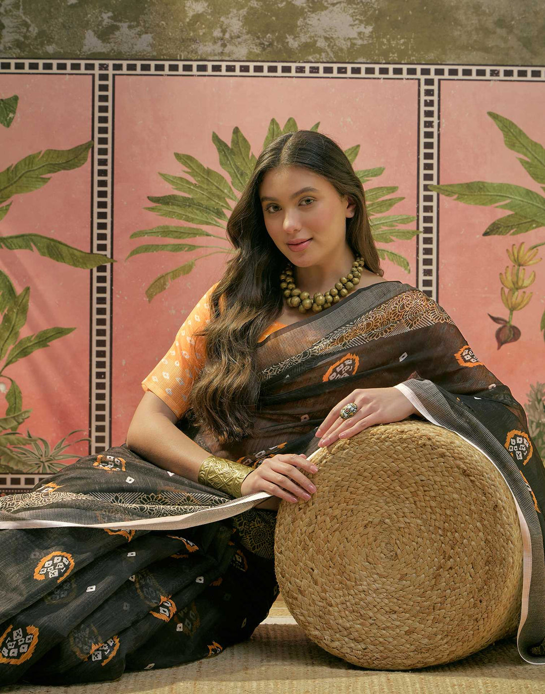 Black Cotton Linen Bandhani Printed Saree