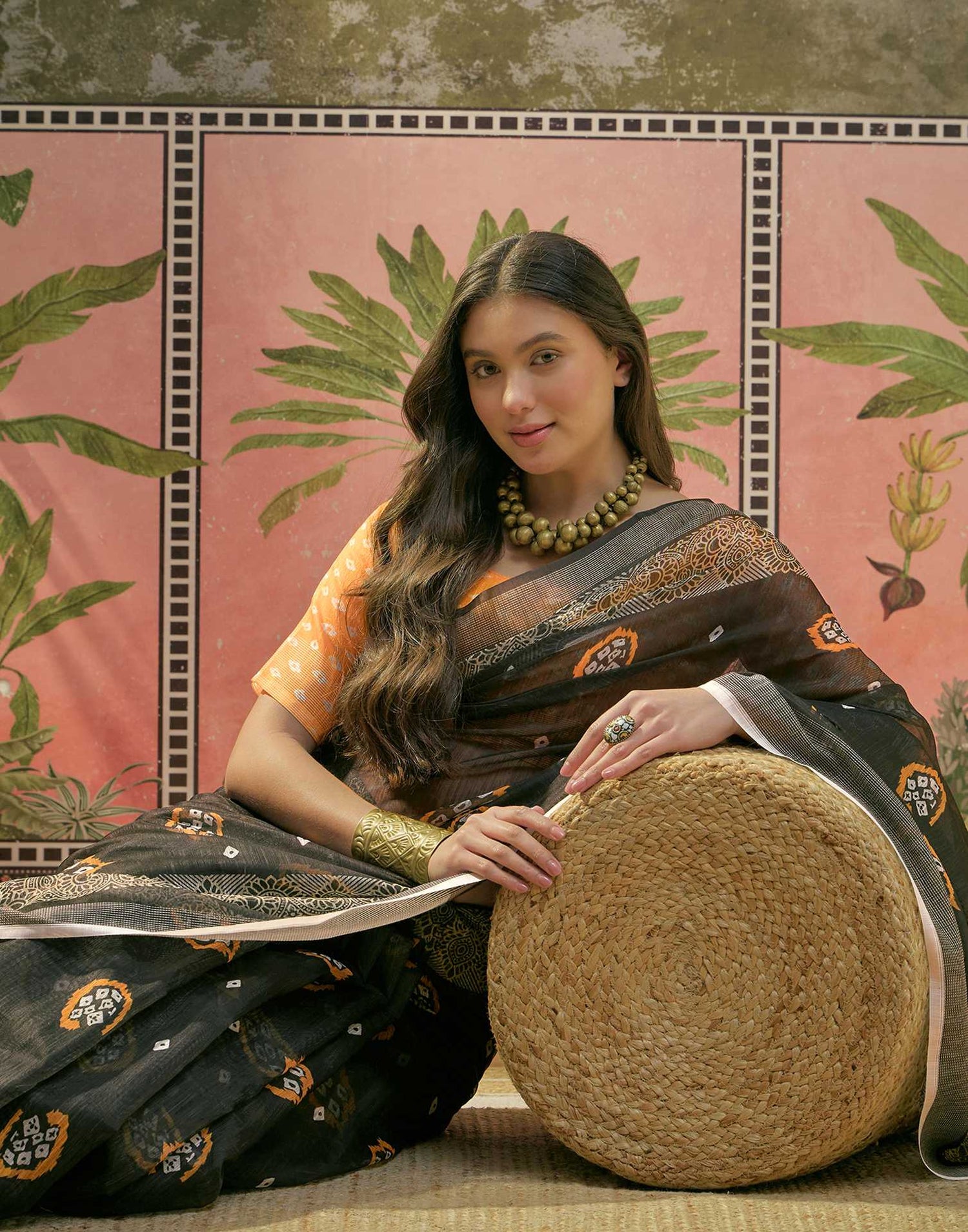 Black Cotton Linen Bandhani Printed Saree
