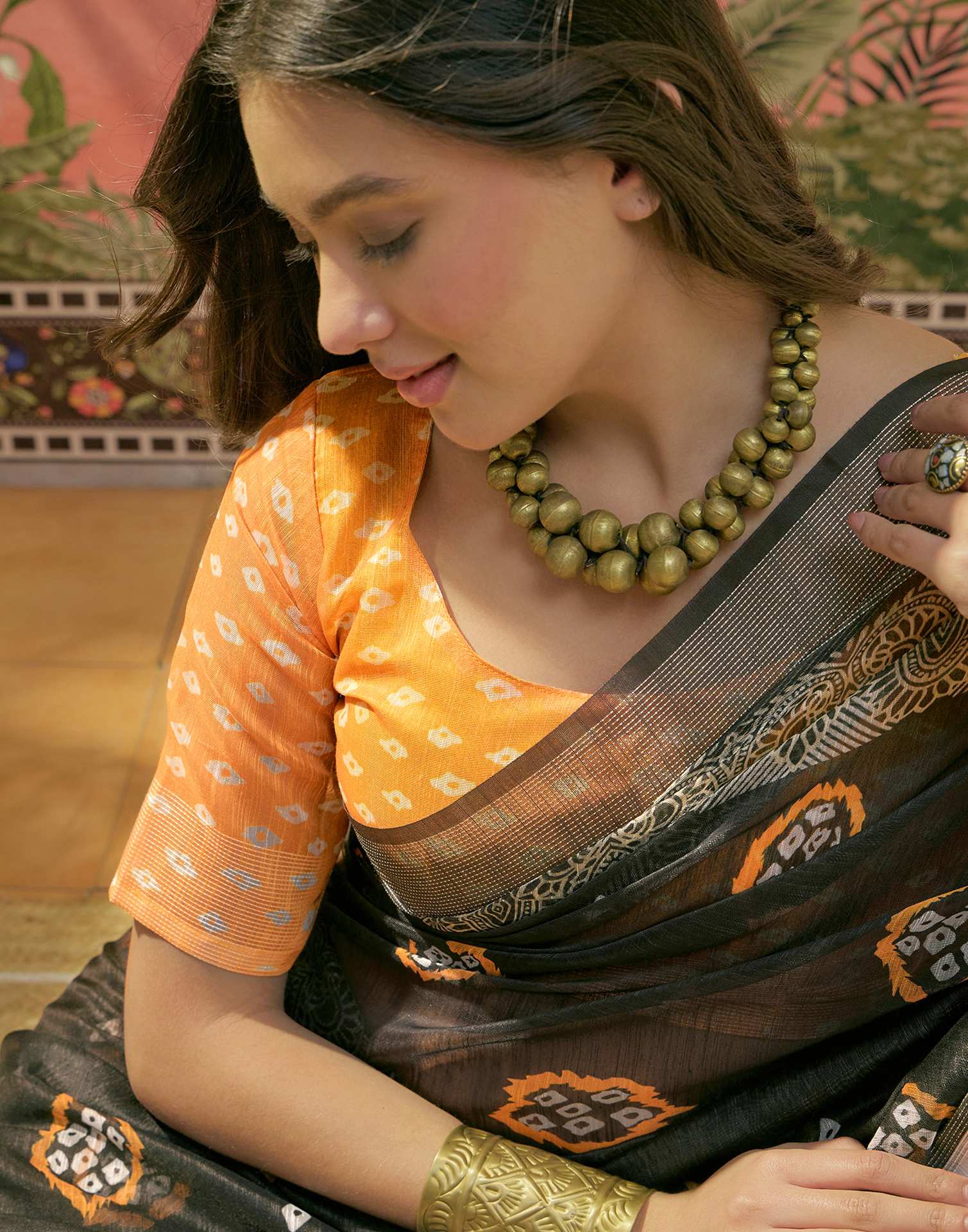 Black Cotton Linen Bandhani Printed Saree