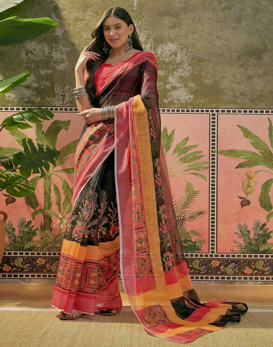 Black Cotton Linen Printed Saree