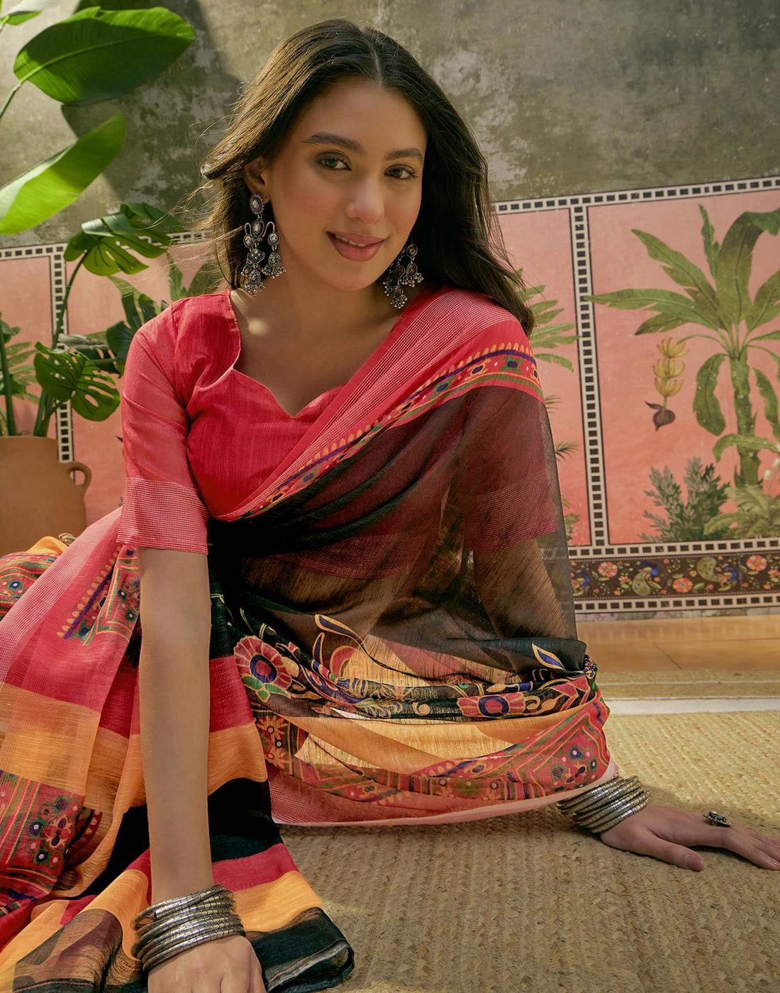 Black Cotton Linen Printed Saree