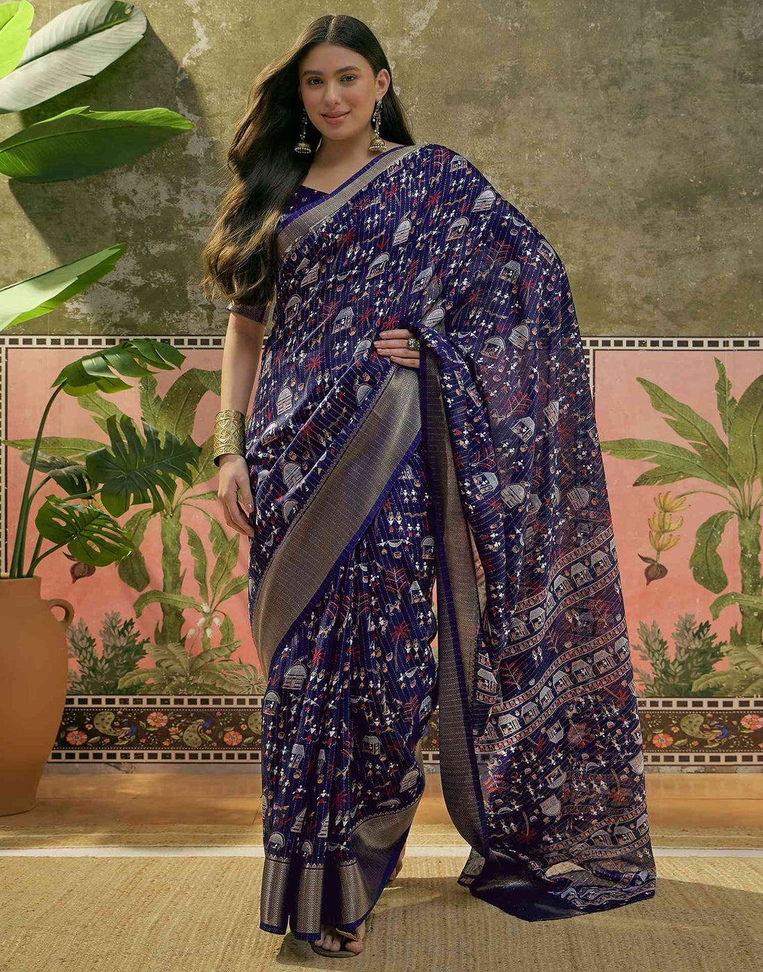 Navy Blue Silk Printed Zari Stripe Saree 