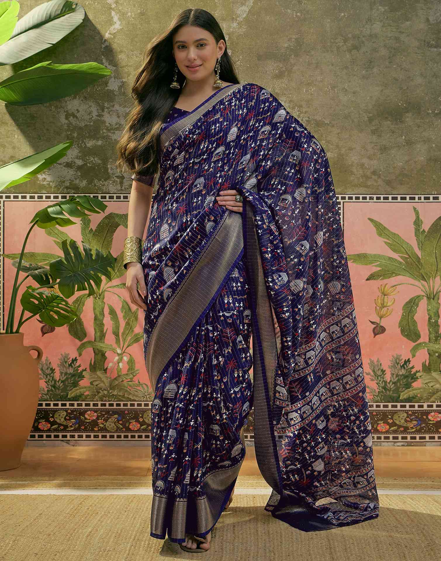 Navy Blue Silk Printed Zari Stripe Saree 