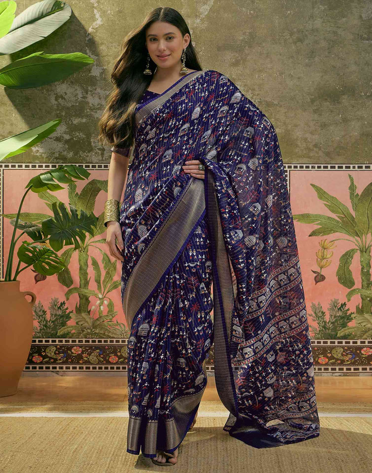 Navy Blue Silk Printed Zari Stripe Saree 