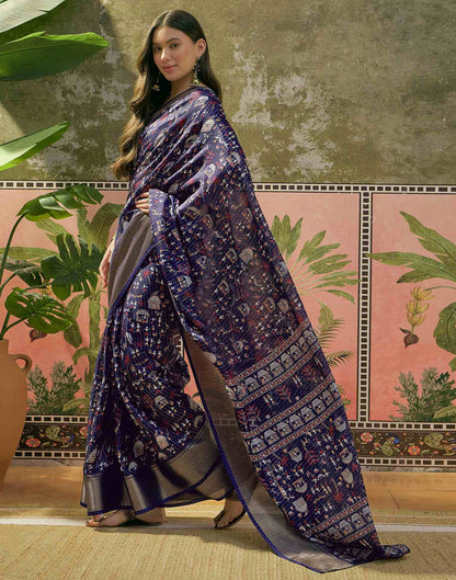Navy Blue Silk Printed Zari Stripe Saree 
