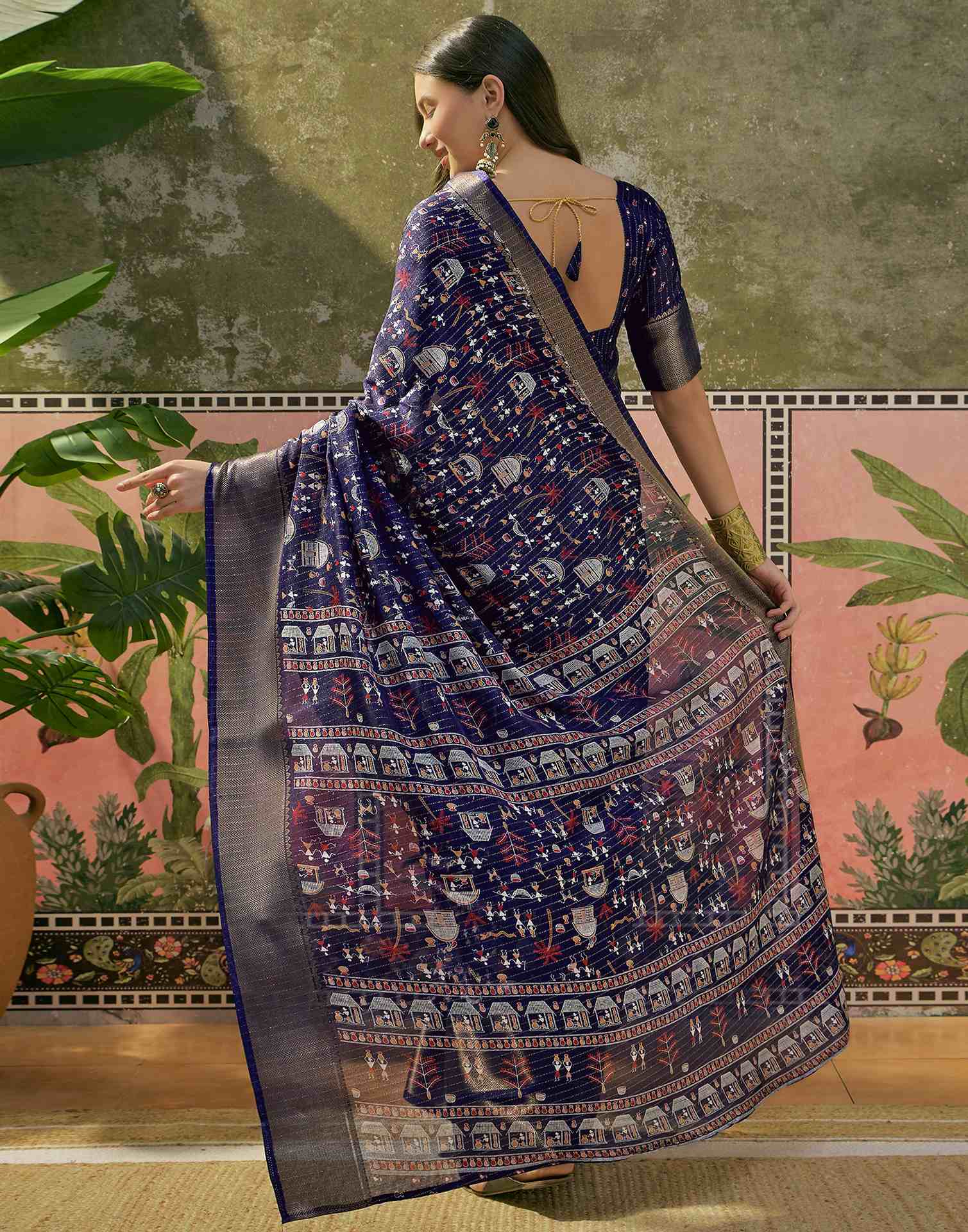 Navy Blue Silk Printed Zari Stripe Saree 