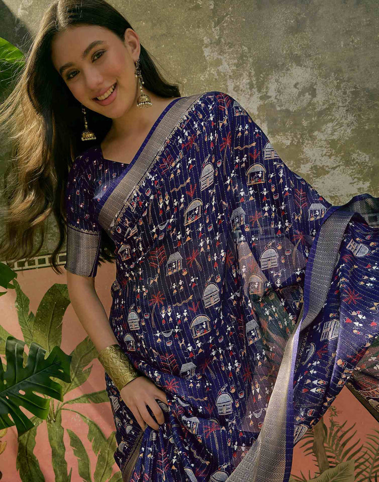 Navy Blue Silk Printed Zari Stripe Saree 