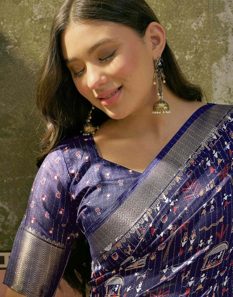 Navy Blue Silk Printed Zari Stripe Saree 