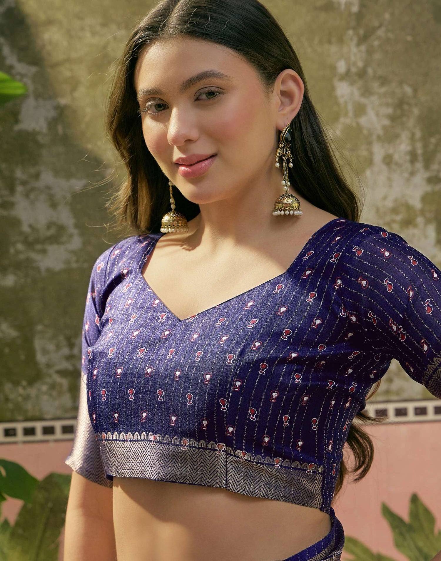 Navy Blue Silk Printed Zari Stripe Saree 