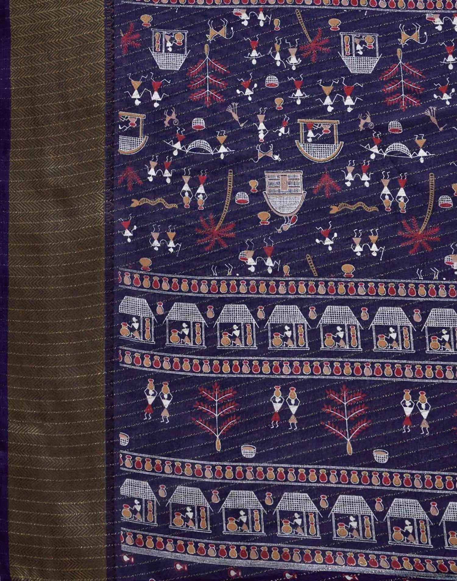 Navy Blue Silk Printed Zari Stripe Saree 