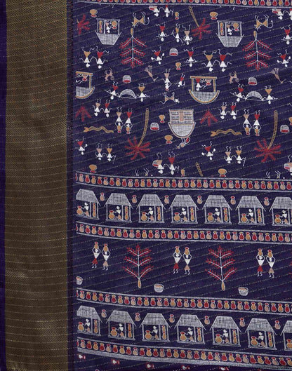 Navy Blue Silk Printed Zari Stripe Saree 