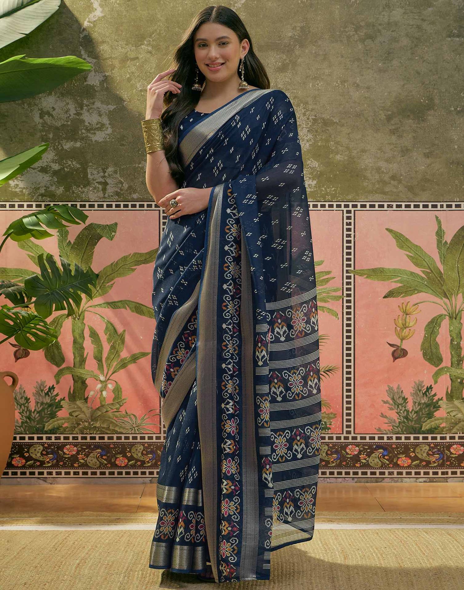 Dark Blue Georgette Printed Saree 