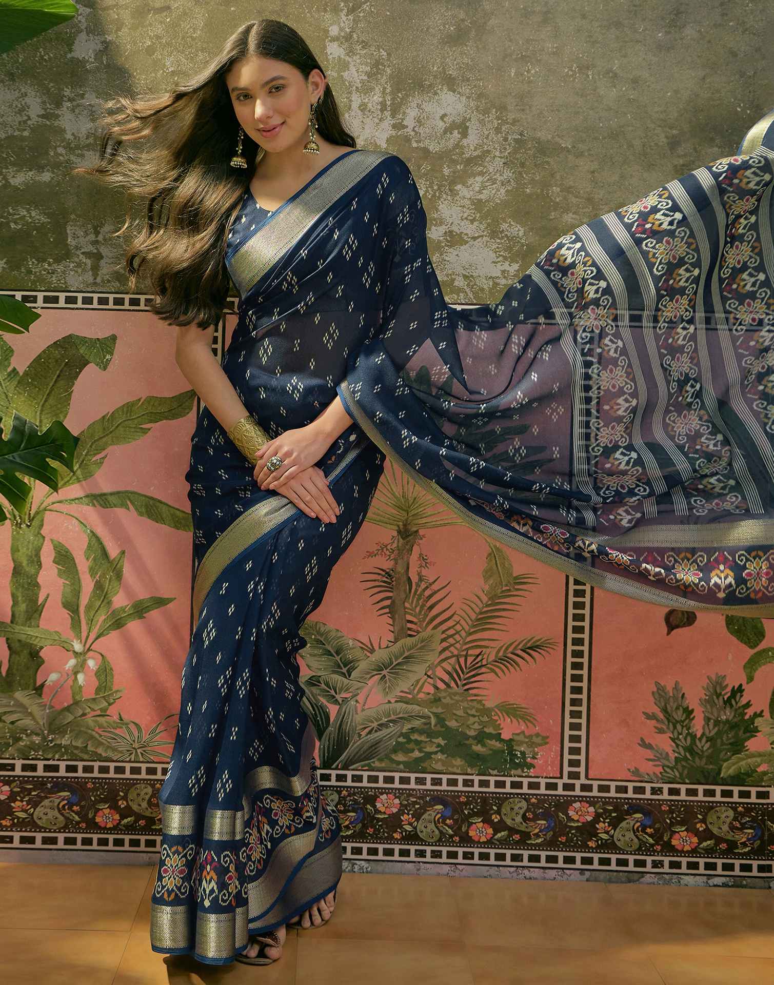 Dark Blue Georgette Printed Saree 