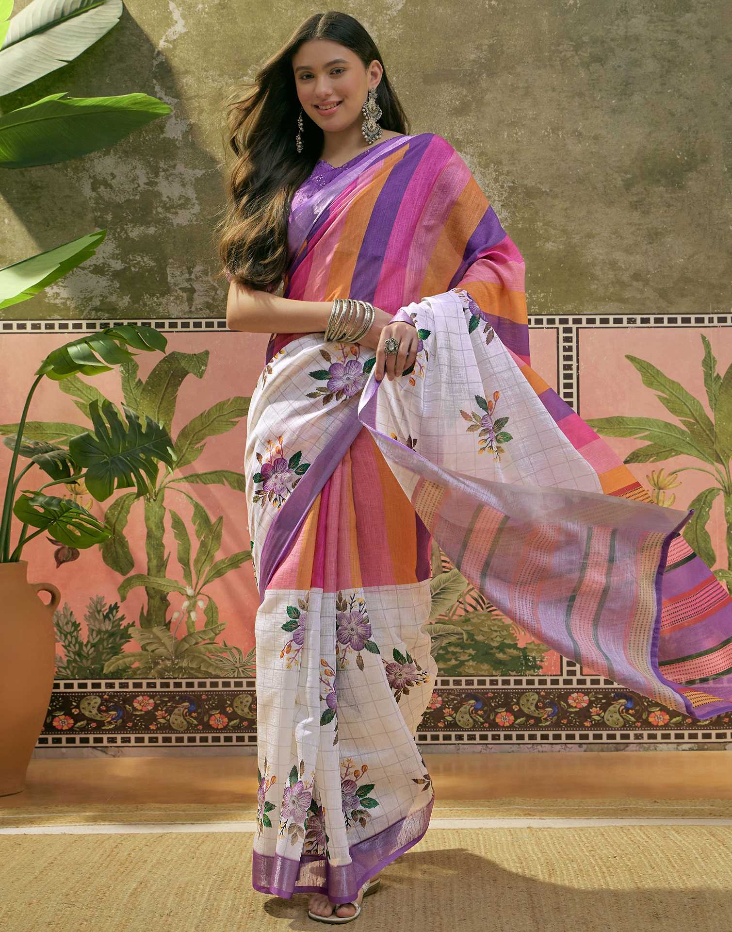 White Linen Floral Printed Saree