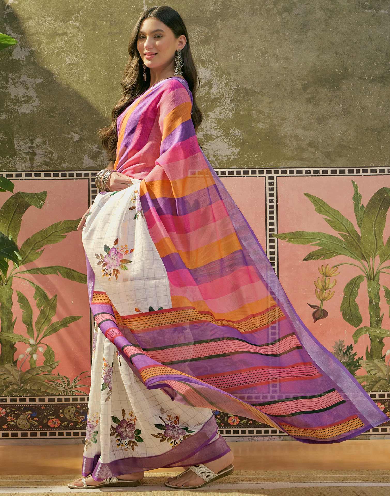 White Linen Floral Printed Saree